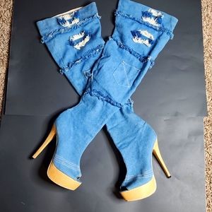 Jean open toe thigh high boots